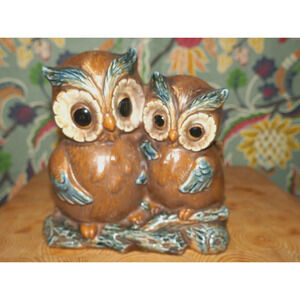 Vintage Napcoware Japan Pair of Pottery Owls Brown & Blue Planter C9238